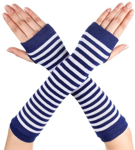 Lange Armwärmer Gestreift Fingerlose Handschuhe für Frauen(Weiß und Blau)