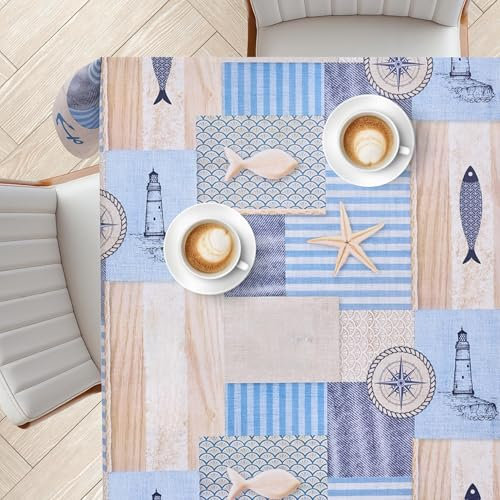 KP HOME Blaue PVC Tischdecke Abwaschbar Mit Maritimen Fischmuster – Quadratische Kunststoff Wachstischdecke 140x140 cm – wasserdichte & Abwischbare Vinyl Wachstuch In Beigem Farbton, Küstenzauber