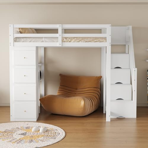 Cama alta con cajón de almacenamiento, cómoda con estantes, escalera de seguridad con cajones de almacenamiento, cama multifuncional de madera maciza, cama infantil (blanco, 140 x 200 cm)