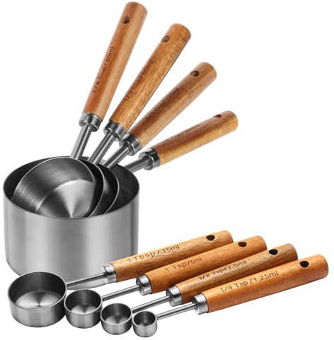 Measuring Cups and Spoons Set，Measuring Cup Set with Wooden Handle and Metric and US Measurements，Silver Polished Finish，for Cooking and Baking in The Kitchen (8 Piece)
