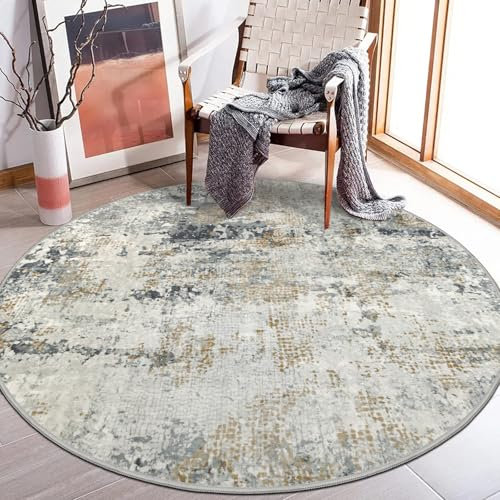 Capslpad Abstract Rugs Round ø135cm Living Room Modern Non-Slip Area Rug Round Machine Washable Floor Carpet Short Pile Soft Minimalist Circle Rug Beige for Living Room Bedroom Nursery, Gray Gold