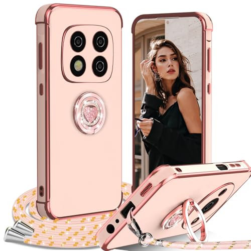 IBETEK Coque avec Cordon pour Xiaomi Redmi Note 14 Pro 5G, avec Anneau de Support Coeur, Étui Housse Antichoc Souple Silicone TPU Bumper Portable Protection Case avec Amovible Collier, Rose