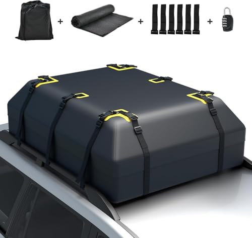 FANTASK Baúl de Techo de 600 L con 6 Ganchos para Puerta para Coche y SUV, Impermeable, Cerradura de combinación, Alfombrilla Antideslizante y Bolsa de Transporte, Bolsa de Techo Plegable