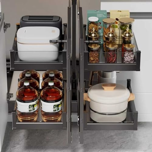 KaBuea Ausziehbarer Schrank-Organizer mit 2 Etagen (65 x 49 cm), ausziehbarer Regal-Organizer, doppelstöckig, Rollo-Küche, 4 Körbe mit Aluminium-Finish