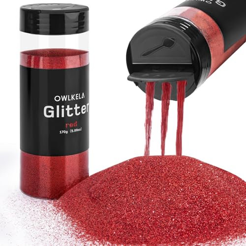 OWLKELA 170g/5.99oz Fine Glitter, Red Glitter Powder for Sesin, Art & Craft, Nail, Hair, Face, Body, Slime, Festival Cosmetic Powder for Painting, Candle/Soap Making, Waxing