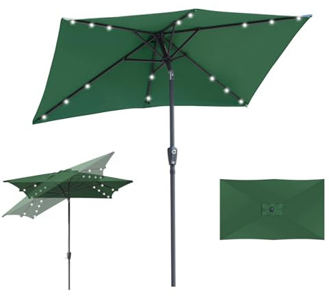 Fiqops Sonnenschirm LED Solar 210 x 140cm mit Kurbel | Sonnenschirm Rechteckig Sonnenschutz UV50+ Knickbar, Ampelschirm Terrassenschirm wasserdicht für Garten, ohne Ständer, Grün