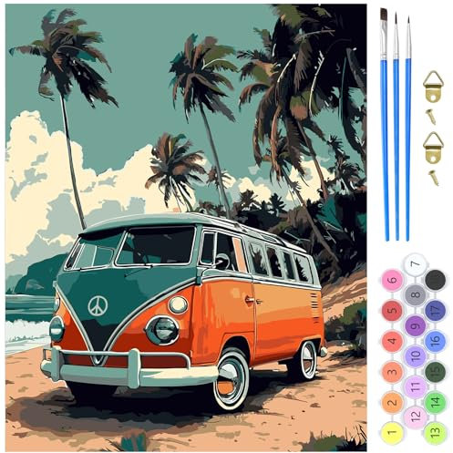 MXJSUA Peinture par Numéros pour Adulte, DIY Peinture Acrylique pour Adultes Débutants Facile sur Toile 40×50 cm avec peintures et pinceaux, Van Classique (sans Cadre)