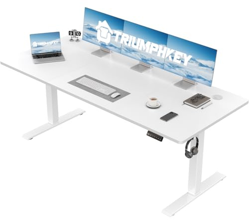 TRIUMPHKEY Height Adjustable Electric Standing Desk 150 x 60cm with Memory Smart Pannel Sit Stand Desk with Backpack Hook Stand Up Study Table Work Table for Home Office(White)