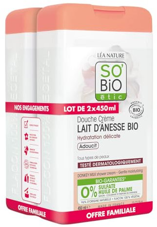 SO 'BIO ETIC Lot de 2 x 450ml - Douche Crème Lait d'ânesse Bio, Hydratation Délicate, Adoucit
