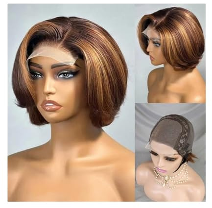 perücken 4/27 Highlight 4x4 100% Echthaar Frontalperücken Ombre Braun Mix Blonde Wasserwelle C Teil Kurze Bobperücke Perücke