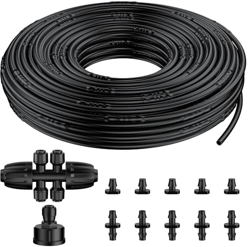 Pawfly Tubo per Irrigazione a Goccia 30 metri 6 mm con distanza ugelli 15 cm, tubo in polietilene completo di 12 accessori, tubo distribuzione nero per sistemi irrigazione