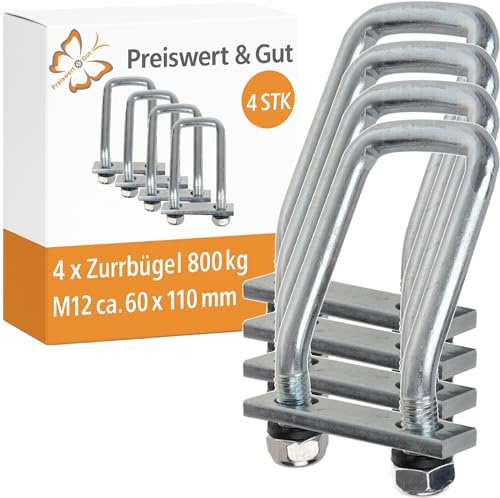 4 STK Zurrbügel Zurrösen Ladungssicherung Anhänger U-Bügel M12 800 kg | Komplettset mit Gegenplatten und selbstsichernden M12 Muttern, zur Nachrüstung in Wohnmobil und Bootstransport