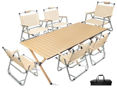 HBOOMOEM Set Klapptische Und StüHle，Camping Set Mit Tisch & KlappstüHlen，Geeignet for Den Einsatz Im Innen- Und AußEnbereich, Grillabende, Gartenpartys Und Reisen.(150CM+6 small Chairs,Khaki)