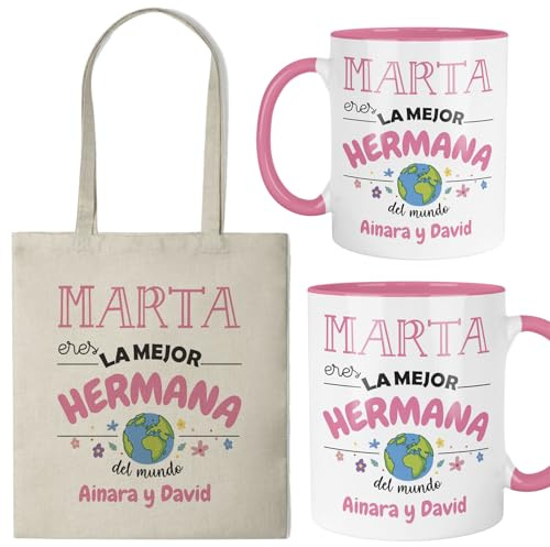 Kembilove® Taza regalo hermana personalizada con nombre | Pack taza y bolsa algodón con diseño divertido | Idea regalo original cumpleaños, Navidad o Día de la Hermana