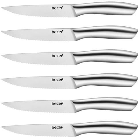 hecef coltelli da bistecca, set da 6 pezzi di coltelli da tavola affilati con lama seghettata e manico cavo ergonomico, coltello da carne in acciaio inox per bistecca e pane, 12,7 cm, argento