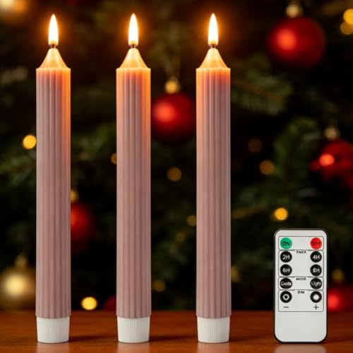 AnnSpa LED Candles Long Flameless Taper Candle 3 Set Battery Operated Flickering Taper Candle Electric 3D Wick Long Candle Stick for Halloween Christmas Decorations, Wedding, Remote and Timer - Pink
