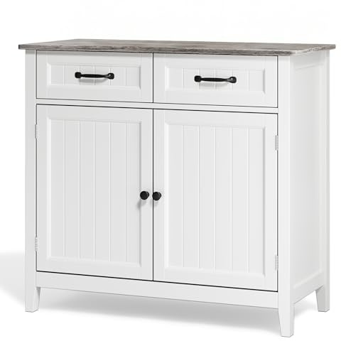 Blishom Meuble de Cuisine, Buffet Auxiliaire, Gris | 2 tiroirs, 2 portes, structure MDF, style rétro, pour cuisine, salle à manger et salon, 90 x 40 x 82 cm