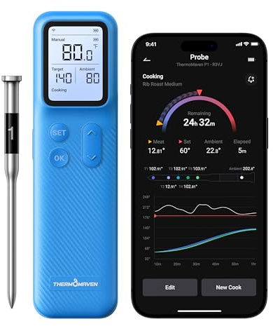 ThermoMaven Smartes Bluetooth Fleischthermometer Kabellos, Basisstation, WLAN Unbegrenzte Reichweite, NIST-zertifizierte Genauigkeit, App Warnungen, Für Grill, Ofen, Smoker, BBQ (Ozeanblau)