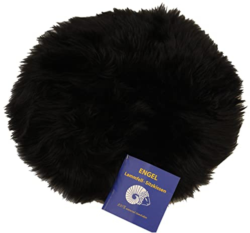 Reissner Lammfelle | DIANA-34-SCH | Sitzauflage | Echtes Schaffell | hochwollig | Seiten eingefasst | Rückseite mit Stoff abgefüttert | rund | 34cm schwarz