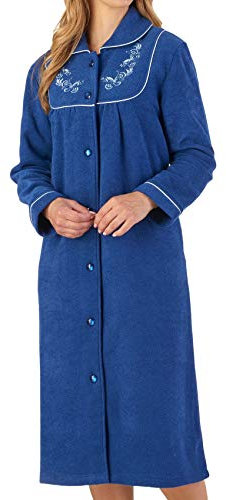 Slenderella Womens Button Up Dressing Gown Soft Boucle Fleece Embroidered Housecoat Large (Navy)