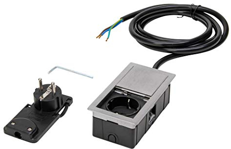 Kopp by ASA 939660014 VersaHIT Mono Einbau-/Tischsteckdose mit Tastendruck-Deckel zum Einbau in Möbel/Arbeitsflächen, 1 x Schutzkontakt-Steckdose, 2 m Anschlusskabel, 3400W/16A, Edelstahl-Optik