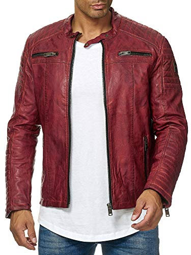 RED BRIDGE Giacca da uomo in finta pelle Similpelle Giubbino stile biker Trapuntato Rosso XXL