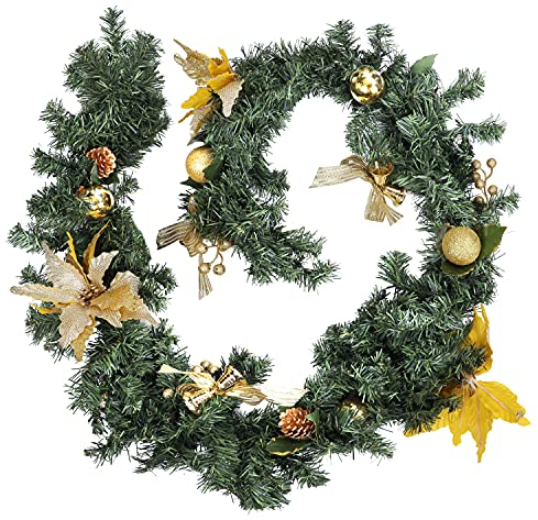Belle Vous Ghirlanda Natalizia per Porta in Finto Pino Verde - 1,8 m Ghirlande Natalizie per Camino con Pigne, Stelle di Natale Dorate, Palline, Bacche e Fiocchi- Decorazioni Natalizie per Casa, Feste