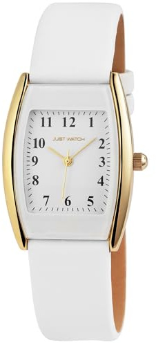 Just Watch Damen Armbanduhr Analog, Gesamtlänge 24 cm, Echtlederarmband – 5 ATM (Weiß/Gold)