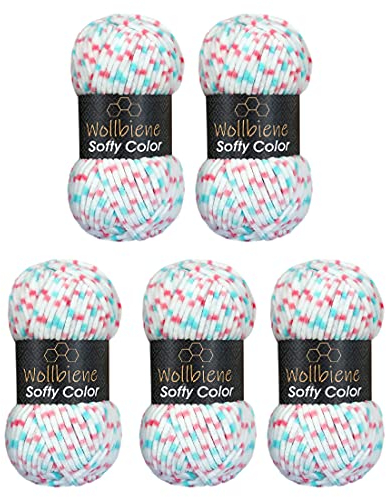 Wollbiene Softy Color 5 x 100 Gramm Chenillewolle Strickwolle, Babywolle, 500 Gramm Wolle Super Bulky (weiß-rosa-petrol 117)