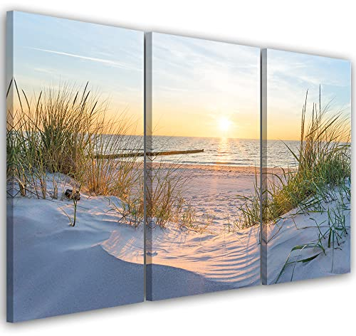 Feeby 3-teilig Leinwandbild XXL 120x80 cm Himmel Strand Meer Wellen Wandbild Kunst Bilder Schlafzimmer Deko Wohnzimmer Sonnenuntergang Gras Dünen Beige