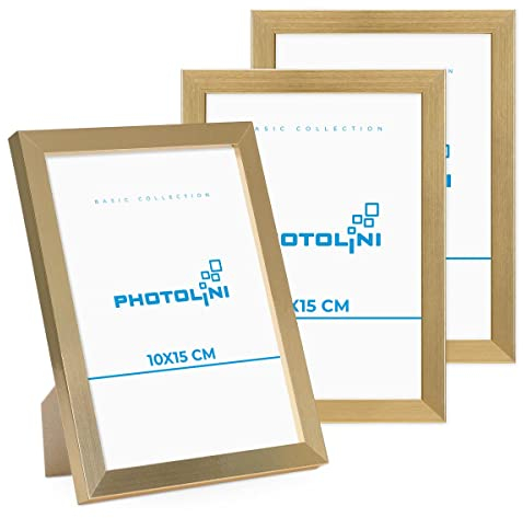 PHOTOLINI Bilderrahmen 10x15 Gold MDF-Holz, 3er Set Poster-Rahmen, bruchsicheres Acrylglas, zum Aufhängen & Aufstellen, extra Zubehör - für Fotos & Poster