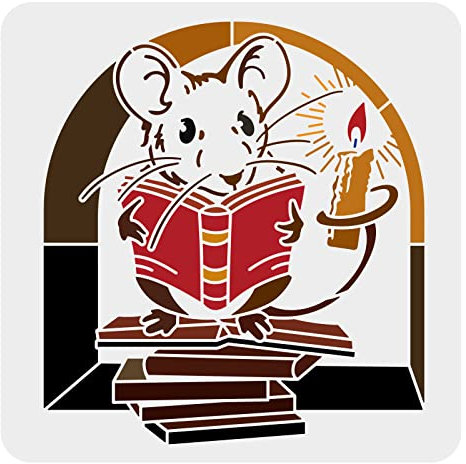 FINGERINSPIRE Banksy Maus Schablone 30x30cm Bogentür Kerzen Malschablone Kunststoff Schablonen - Schlaue Maus liest ein Bücher - Wiederverwendbare Schablone zum Malen auf Holz, Boden, Wand und Fliesen