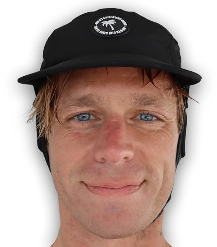 Ho Stevie! Schwimmende Surfkappe mit Kinnriemen und abnehmbarer Nackenklappe für Surfen, SUP und Wassersport, Schwarz, S/L