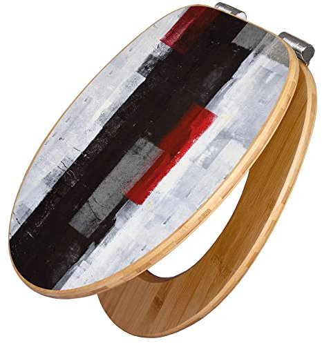 banjado Design WC Sitz Bambus Absenkautomatik 45,8x37,5cm / Toilettendeckel mit Absenkautomatik Holz/hochwertiger Bambus Klodeckel/WC-Sitz für gängigen Toiletten/Motiv Abstrakt Rot