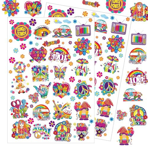 Qpout 52 Stück Hippie Tattoos Temporäre sortierte trendige Hippie Aufkleber Flower Power Liebe und Friedenszeichen Groovy Tattoos für Kinder und Erwachsene Geburtstag Groovy Hippie Party