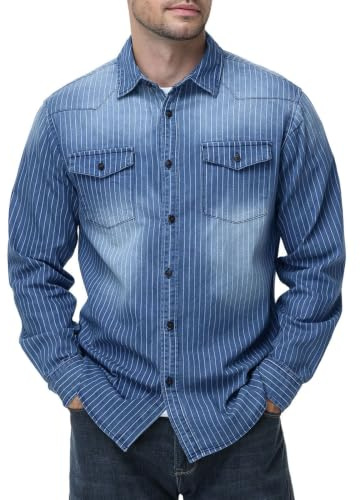 HOTIAN Chemise pour Homme, en Denim, à Manches Longues, pour Loisirs, Affaires, Coupe ajustée