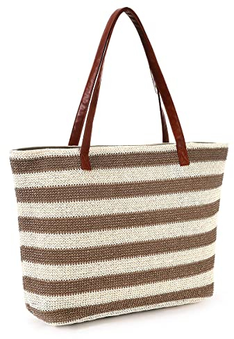 JFAN Stroh Strandtasche Große Damen Meer Tasche mit Reißverschluss Lässige Umhängetasche Sommer Weiße Streifen Einheitsgröße