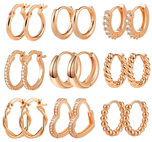 orecchini a cerchio argento, orecchini cerchietto, 14K Placcato oro rosa Huggie Orecchini a Cerchio in Argento Sterling Piccoli Set Piccoli Orecchini di Cartilagine Cubic Zirconia