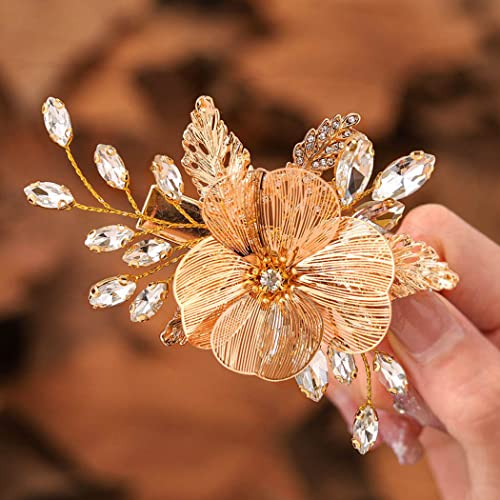 Ushiny Haarklammer mit Blumen-Motiv, goldfarben, Kristall, Haarschmuck, Braut-Haarklammer für Damen und Mädchen