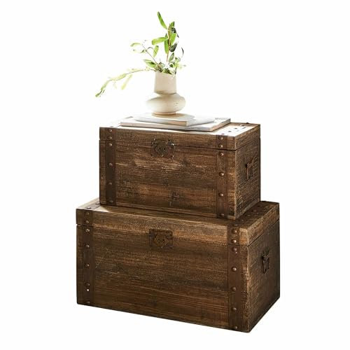 Loberon Truhe 2er Set Pratt, mit Eisenbeschlägen in Rost-Optik, natürlich & nachhaltig, rustikaler Charme, Beistelltisch, Aufbewahrung, Tannenholz, Eisen, antikbraun