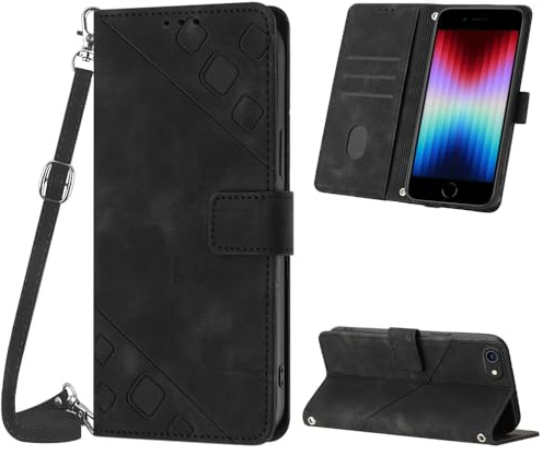 Mo-Beauty Compatible with iPhone SE 2022/2020 / iPhone 8 / iPhone 7 (4.7 inch) Case, PU Flip Wallet Wallet Phone Case, Adjustable Detachable Lanyard Neck Strap Case for iPhone SE 2022 (Black)