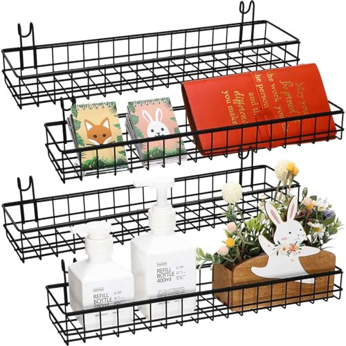 Blulu 4 Pcs 15.75 x 3.94 x 1.97 Inch Metal Grid Wall Baskets with Hooks Grid Wall Shelves Hanging Wire Basket Multi Function Storage Organizer for Kitchen Organizing Display (Black)
