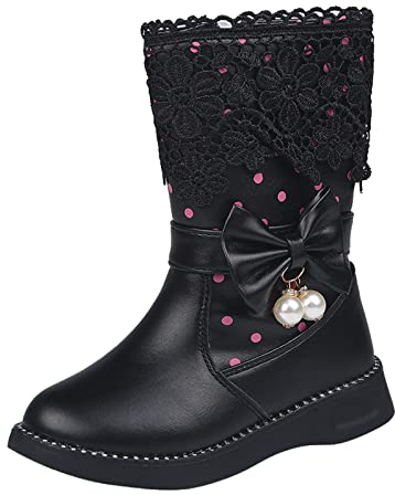TDEOK Mezzi stivali Ragazze 36 Caldi Inverno Stivali Lunghi con Cerniera Laterale Racchette Da Neve Indietro Pizzo Moda Coscia Stivali Piatti Ragazze Invernali Stivali In Pelle Vernici, Nero , 34 EU