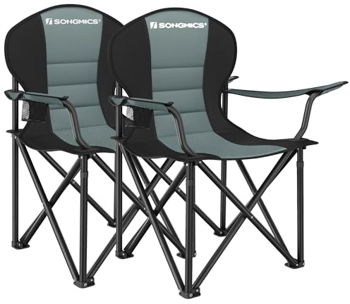 SONGMICS Strandstuhl, 2er Set, Campingstuhl, Klappstuhl mit Getränkehalter, Schaumstoffpolsterung, klappbar, bis 250 kg belastbar, Outdoor-Stuhl, grün-schwarz GCB206C01