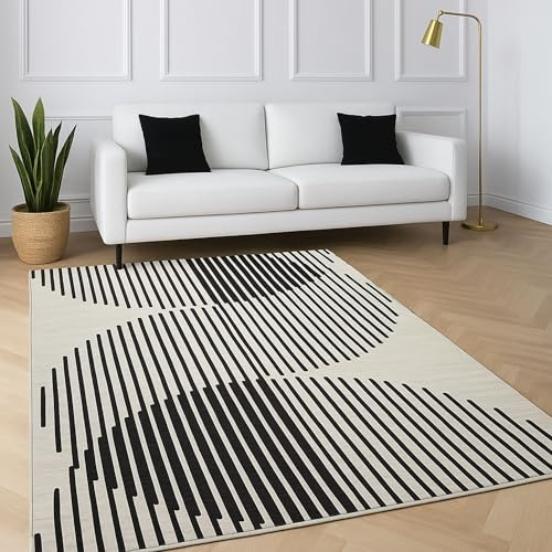 AMEHA Rugs Living Room Large 200x290 cm – Cream Black Rug for Bedroom(Jett) | Easy to Clean Non Slip Modern Carpet Non Shedding Geometric Boho Style Durable Soft Low Pile Large Bedside Rug for Kids Room