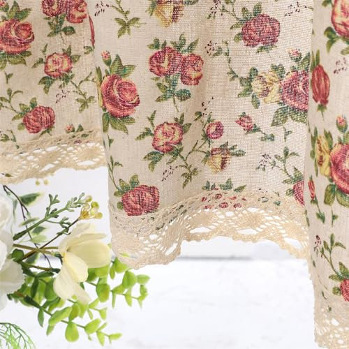 Moslovstar Romantisch Blühende Rosen, 1 Paneel, Halbvorhang aus Baumwollleinen im Vintage-Stil für Küche, Café, eleganter Saum mit floraler Spitze, 140 cm B x 110 cm L, Beige
