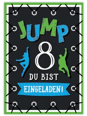 Minkocards 12 Einladungskarten zum 8. Kindergeburtstag Junge Mädchen Jump Trampolin Einladungen achte Geburtstag