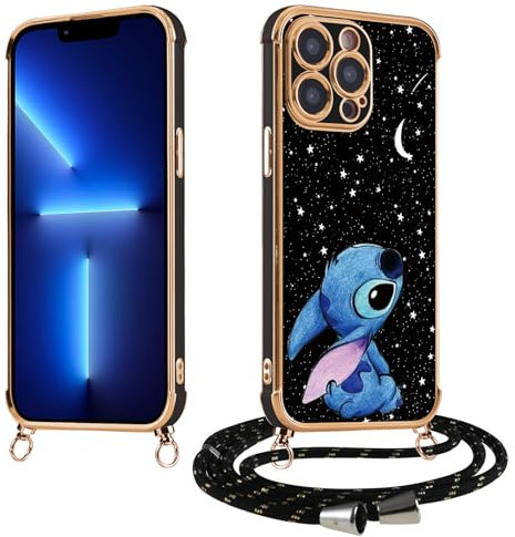 Handykette Handyhülle für Samsung Galaxy A14 5G 6.6, Kameraschutz Silikon Galvanik Hülle mit Niedlich Design Stitch Muster, Kordel zum Umhängen Handyhülle mit TPU Handy Band Schutzhülle,Schwarz 03