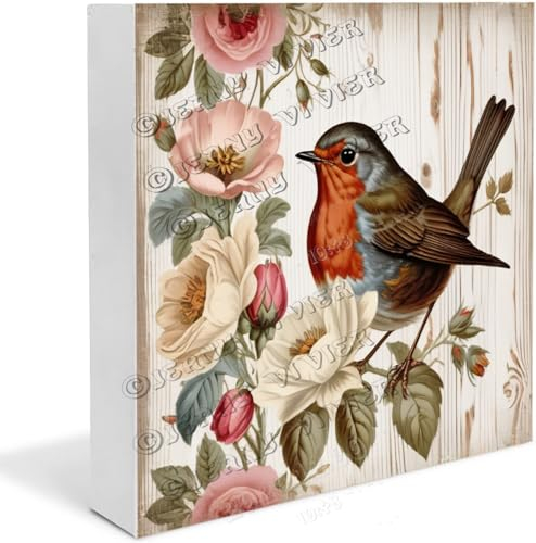 Rotkehlchen-Vogel-Schild, Holz-Schild, Rotkehlchen, Geschenk, lustiges Rotkehlchen, Dekoration, Boho-Geschenke für Frauen, Schreibtisch, Tafelaufsatz, Holzblock-Schilder für Regal,