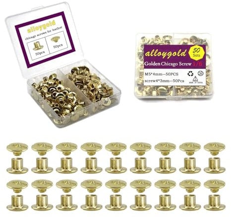 Alloygold 50 juegos de tornillos Chicago dorados M5 x 4, remaches de cuero, remaches de tornillo, botones de tornillo Chicago, adornos de cuero, 3/16 x 1/6 pulgadas